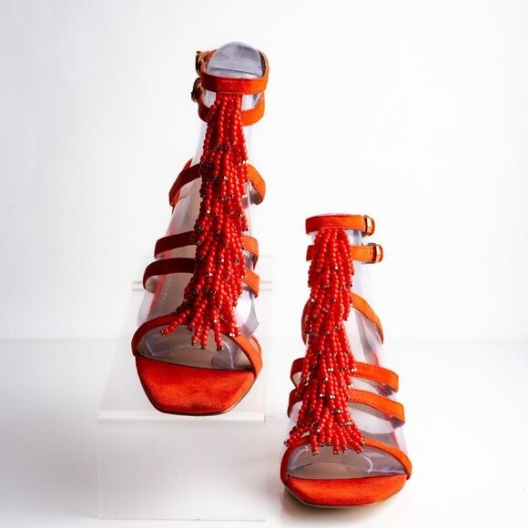 Boden Womens Sandals Heels Orange Strappy Beaded Open Toe Suede US 7 EU 38 - Picture 4 of 10